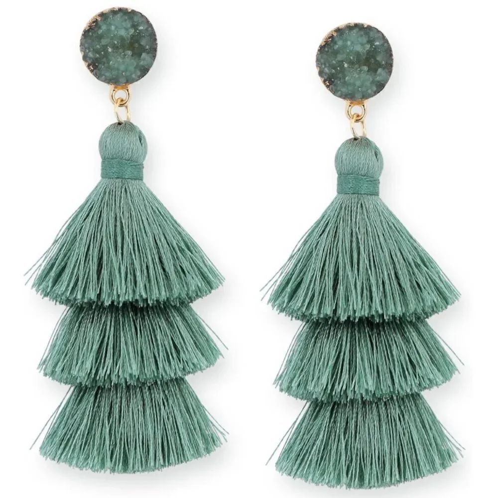 14K Yellow Gold with Sage Green Silk Thread Tassel and Quartz Druzy Earrings